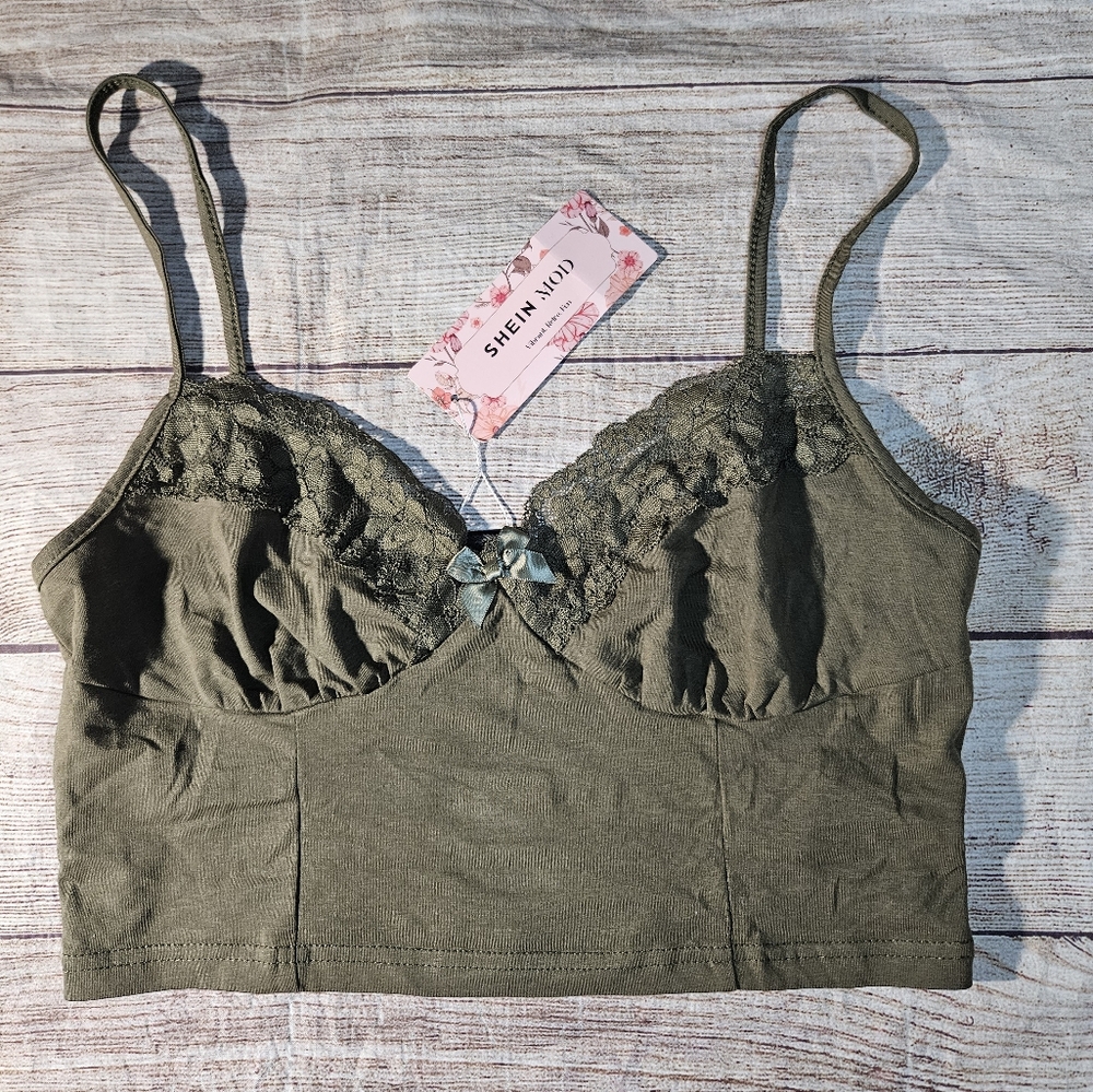 Shein olive green lace crop top tank top